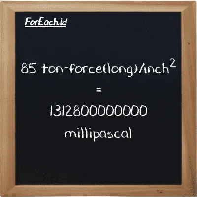 85 ton-force(long)/inch<sup>2</sup> is equivalent to 1312800000000 millipascal (85 LT f/in<sup>2</sup> is equivalent to 1312800000000 mPa)